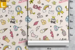 Wallpaper with children's writings and decorations pattern.
