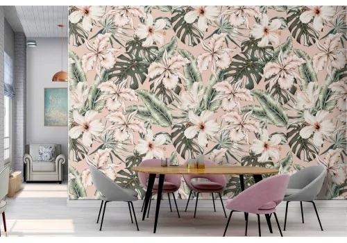 Pink flowers and tropical leaves wallpaper nature decoration.