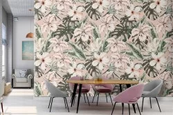 Carta da Parati fiori rosa e foglie tropicali decorazione natura.