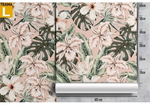 Carta da Parati fiori rosa e foglie tropicali decorazione natura. 2