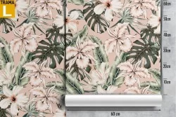 Carta da Parati fiori rosa e foglie tropicali decorazione natura.