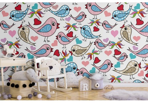 Wallpaper with little birds and hearts decoration for children.