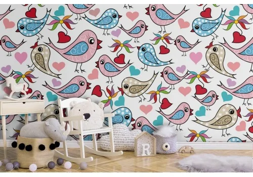 Wallpaper with little birds and hearts children's decoration.