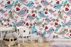 Carta da Parati uccellini e cuori decorazione bambini.