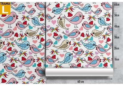 Carta da Parati uccellini e cuori decorazione bambini. 2