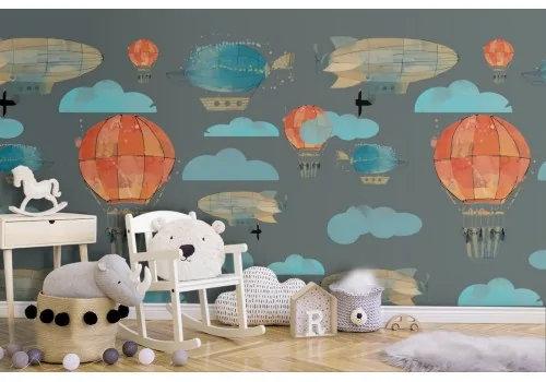 Hot air balloons and clouds children's wallpaper decoration.