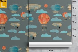 Hot air balloons and clouds children's wallpaper decoration.