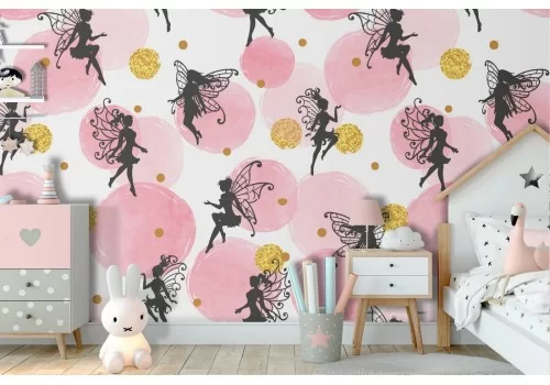 Fairy and polka dot wallpaper children's fantasy decoration.