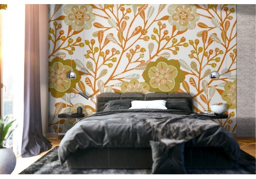 Wallpaper with stylized flowers nature 70s.