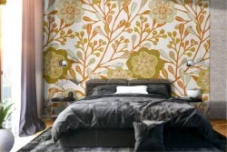 Wallpaper with stylized flowers nature 70s.