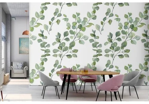 Carta da Parati foglie verdi natura decorazione raffinata.