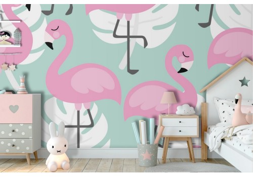 Flamingo and stylized tropical leaves nature wallpaper.