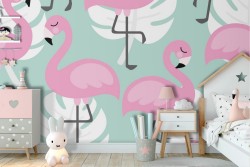 Flamingo and stylized tropical leaves nature wallpaper.