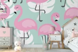 Flamingo and stylized tropical leaves nature wallpaper.