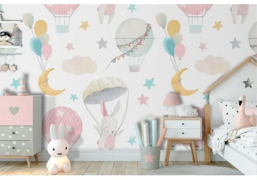 Wallpaper with bunnies and planets children's decoration.