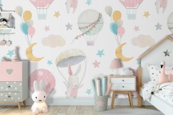 Wallpaper with bunnies and planets children's decoration.