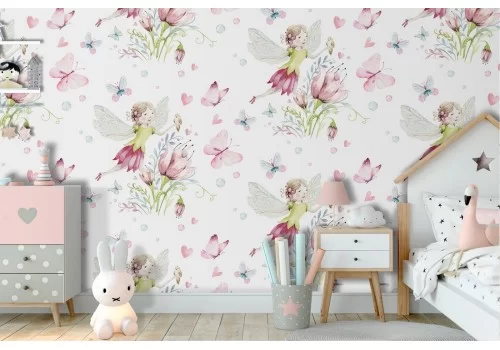 Carta da Parati fatine e fiori decorazione bambini fantasy.