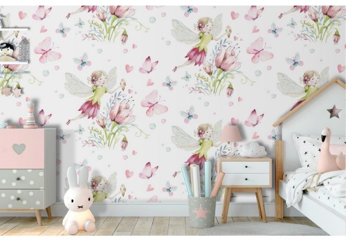 Fairy and flowers wallpaper children's fantasy decoration.