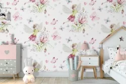 Carta da Parati fatine e fiori decorazione bambini fantasy.