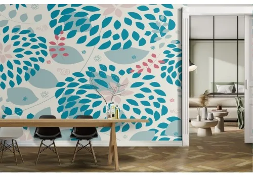 Carta da Parati petali foglie stilizzate azzurro.