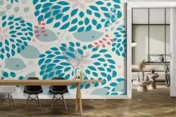 Carta da Parati petali foglie stilizzate azzurro.