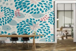 Wallpaper with stylized blue petals and leaves.