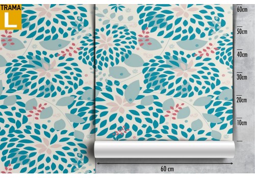 Carta da Parati petali foglie stilizzate azzurro. 2