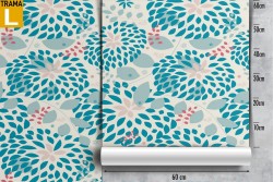 Wallpaper with stylized blue petals and leaves.