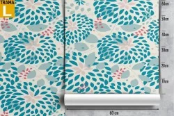 Wallpaper with stylized blue petals and leaves.