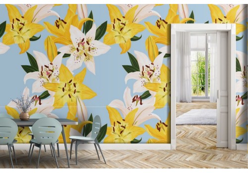 Wallpaper with white and yellow flowers pattern.