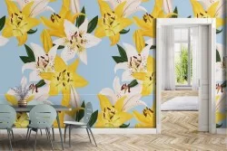 Wallpaper with white and yellow flowers pattern.