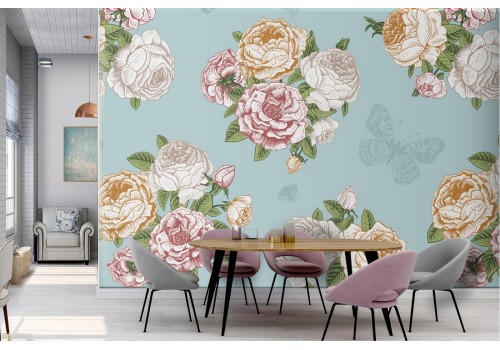 White flowers wallpaper on a blue background.