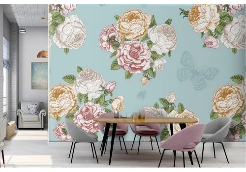 White flowers wallpaper on a blue background.