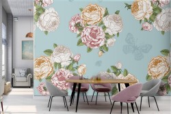 Carta da Parati fiori bianchi sfondo azzurro.