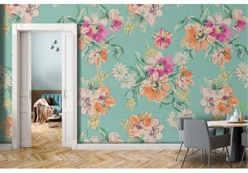 Carta da Parati composizione fiori vintage rosa arancione.