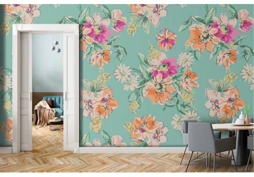 Wallpaper composition vintage pink orange flowers.