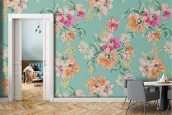 Carta da Parati composizione fiori vintage rosa arancione.