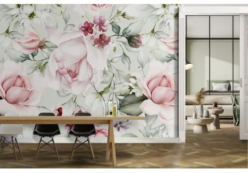 Refined pink flowers green leaves wallpaper.