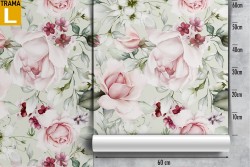 Carta da Parati raffinati fiori rosa foglie verdi.