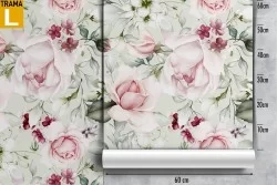 Carta da Parati raffinati fiori rosa foglie verdi.
