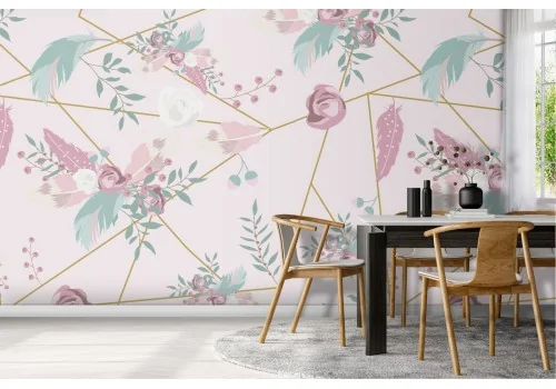 Carta da Parati foglie e linee geometriche fondo rosa.