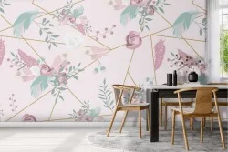 Wallpaper with leaves and geometric lines on a pink background.