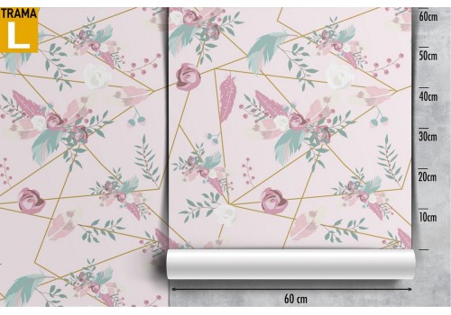 Carta da Parati foglie e linee geometriche fondo rosa. 2