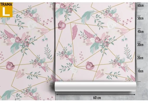 Wallpaper with leaves and geometric lines on a pink background. 2