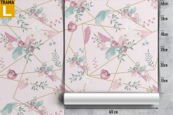 Carta da Parati foglie e linee geometriche fondo rosa.