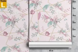Wallpaper with leaves and geometric lines on a pink background.