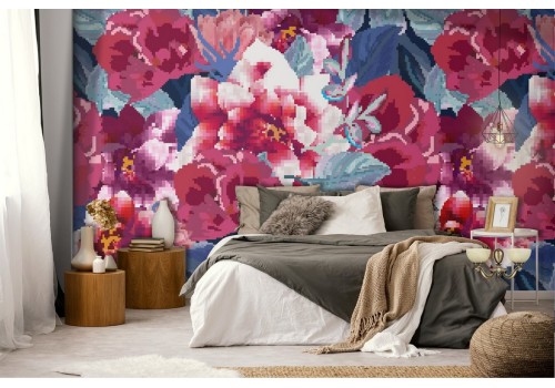 Red and blue flowers modern pattern wallpaper.