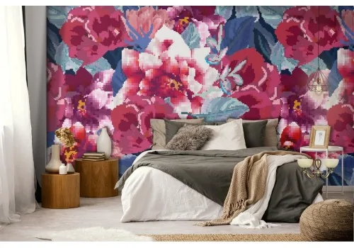 Red and blue flowers modern pattern wallpaper.