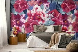 Red and blue flowers modern pattern wallpaper.