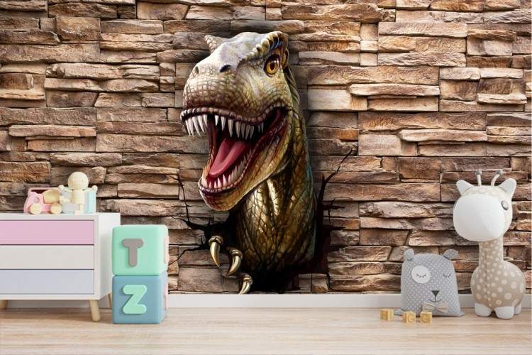 Carta da parati 3D dinosauro texture mattoni e adesivi murali